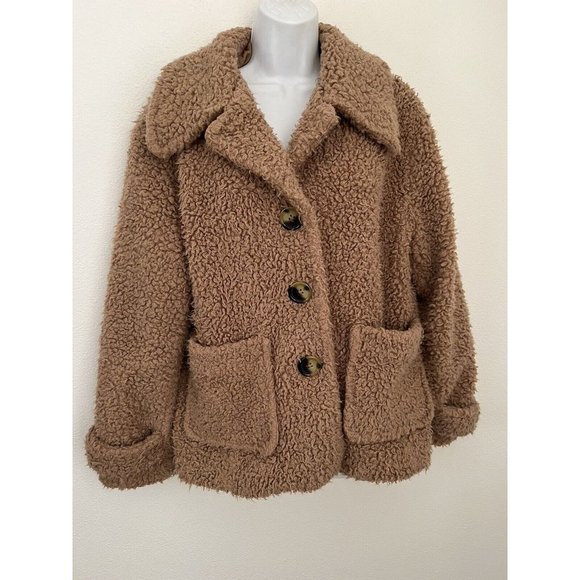 FREE PEOPLE Teddy Sherpa Jacket Coat Oversized Button Front Small Rose Pink - Picture 1 of 9